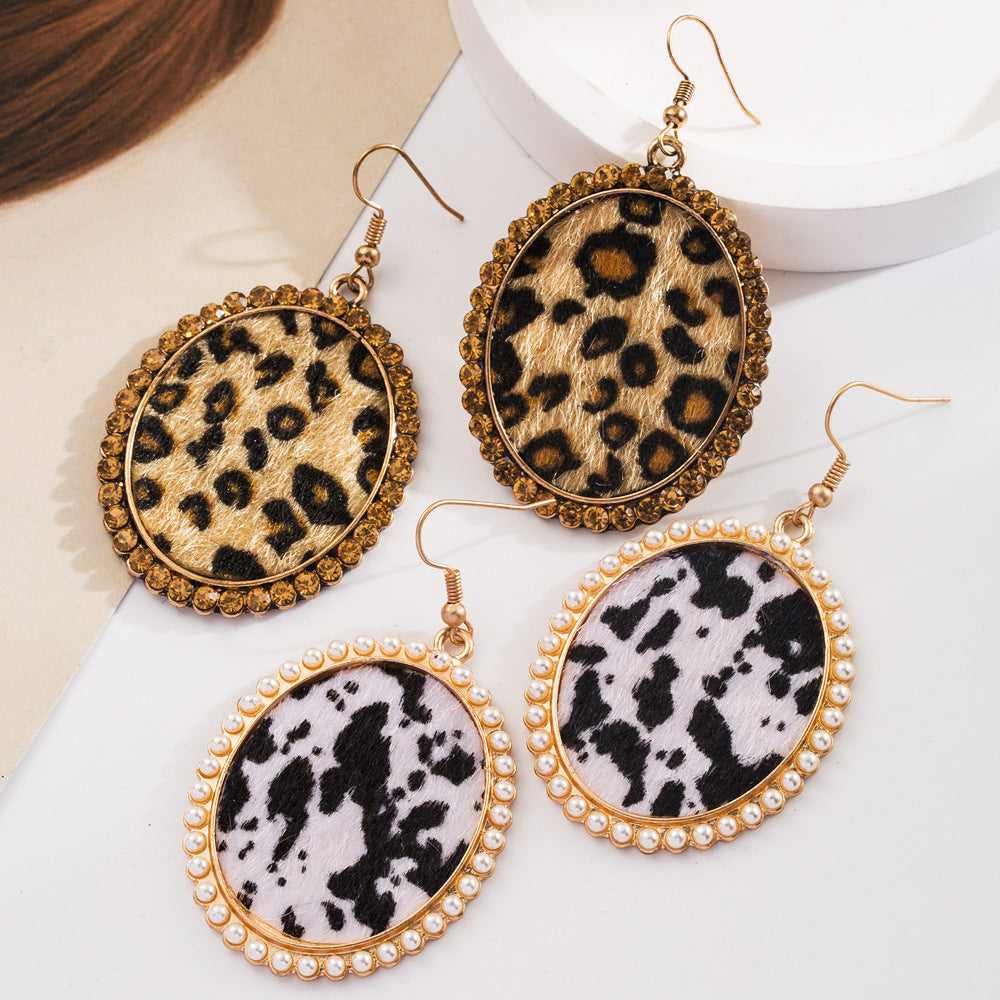 Wholesale Leopard Sequined Leather Vintage Diamond Pearl Earrings